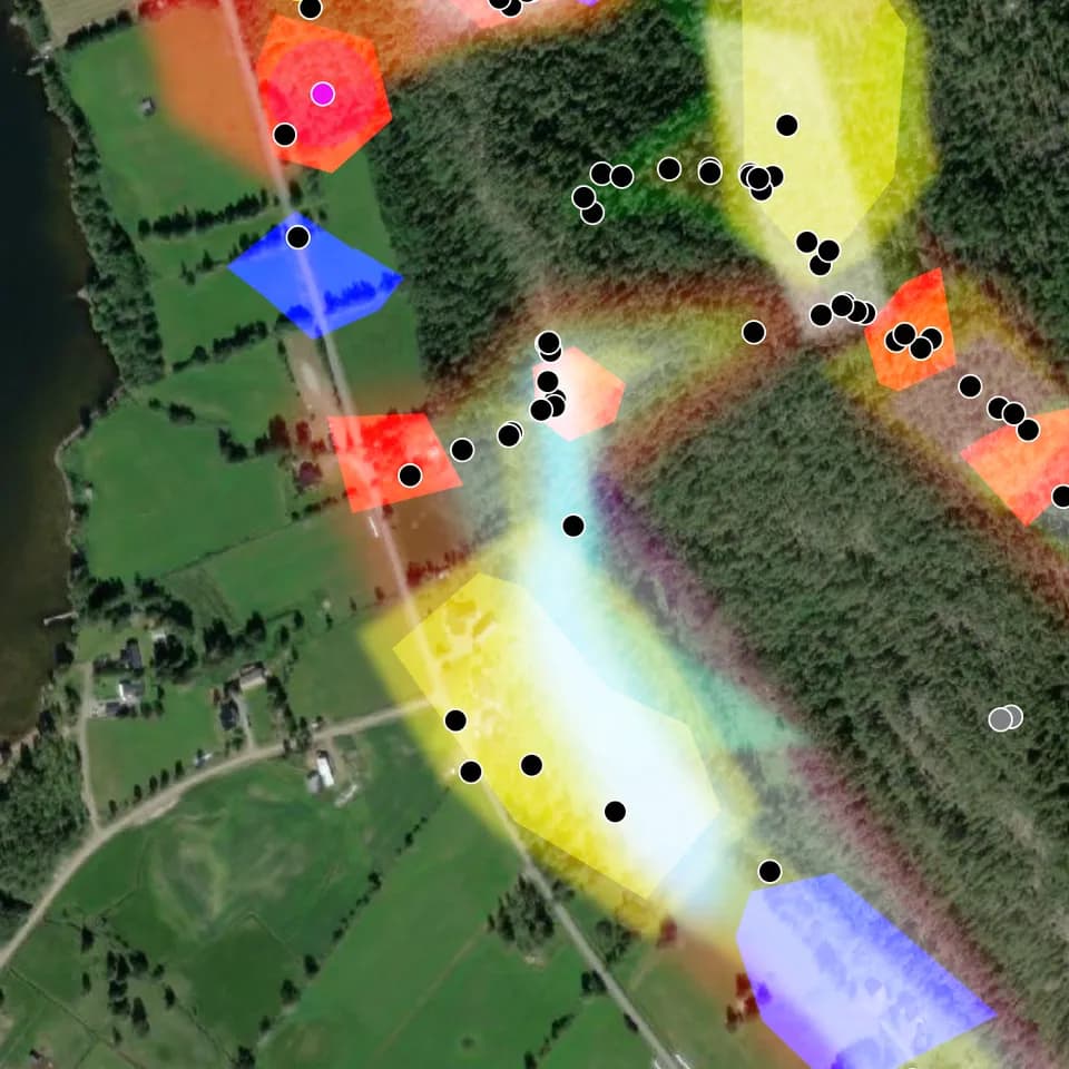 Aerial map with coloured zones along a road and forest edge